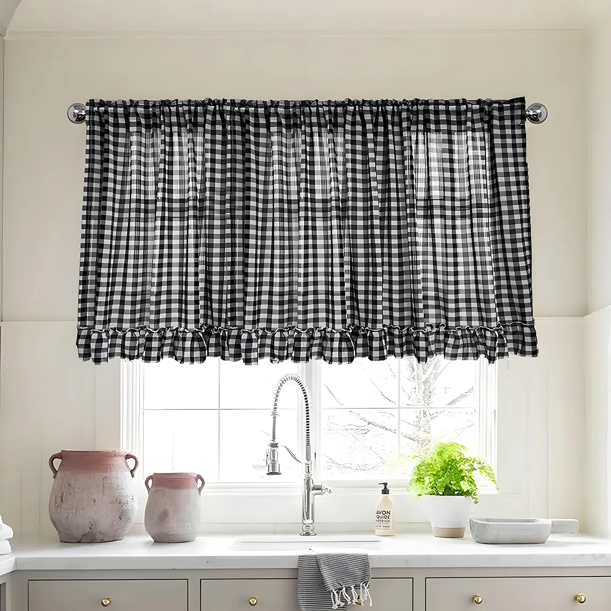 

Classic Black White Plaid Ruffle Short Curtain Sheer For Kitchen Retro Tulle Drapes For Bedroom Small Window Coffee Half-curtain