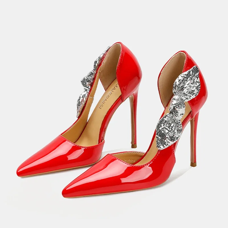 مصمم تألق Bowknot مضخات النساء الجانب قطع أشار تو 12 سنتيمتر سوبر عالية الكعب مثير لطيف الأسود براءات خنجر فستان الزفاف