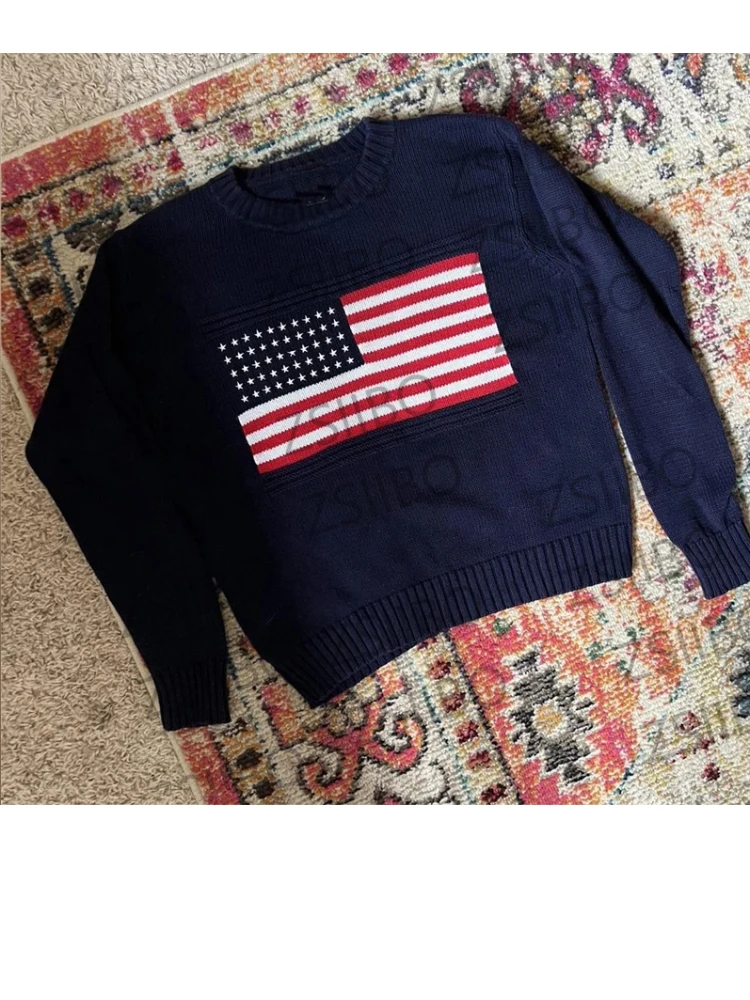 Damski nowy sweter z flagą, wzorzystym flagą, z długim rękawem, okrągłym dekoltem, na co dzień, sweter w stylu Harajuku, z dzianiny, streetwear,