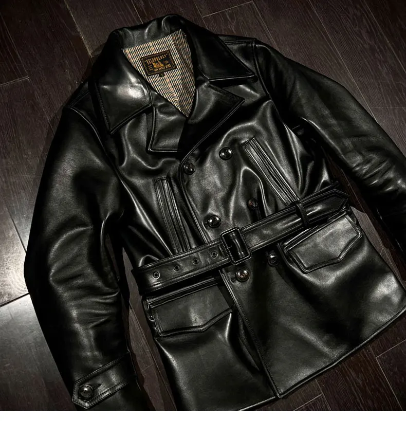 YR!Wholesales.Luxury quality oil wax cowhide jacket.1.3mm thick soft genuine leather coat.Men casual long leather outwwear