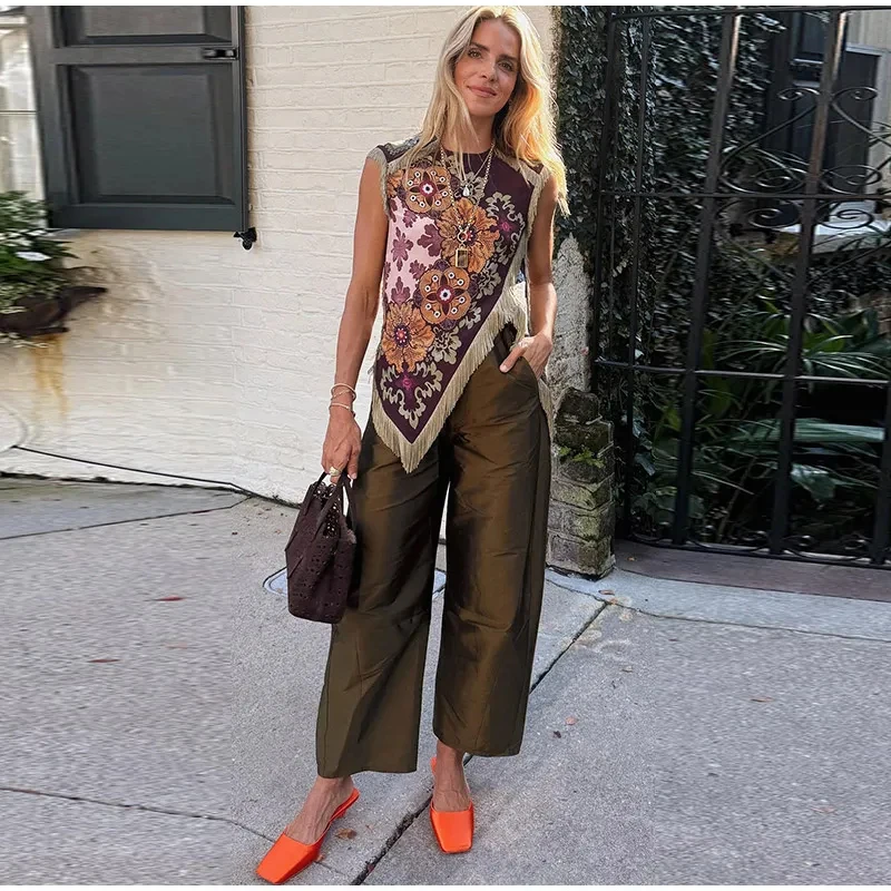 

Vintage Tassel Printed Irregular Tops Women Sleeveless Round Neck Patchwork Tops Lady New Casual Daily Fashion Summer Clothes