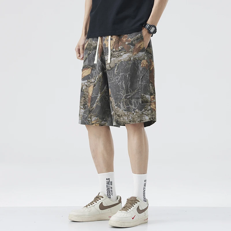 

Летние японские винтажные камуфляжные хлопковые льняные шорты-карго, мужские свободные американские повседневные шорты в четверть