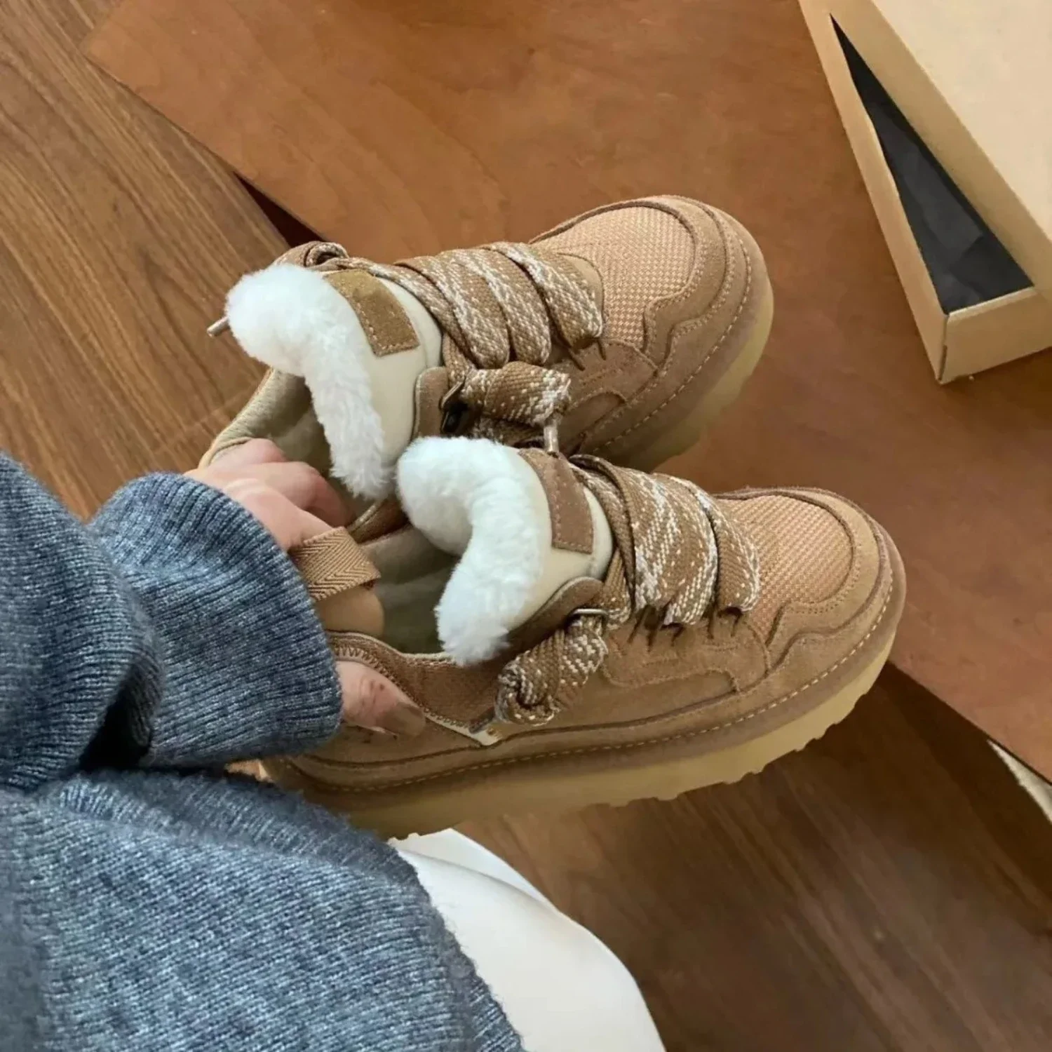 1 Paar, Retro-Sportschuhe aus gemischten Stoffen, mit Fellkragen, warm, rutschfest, dicke Sohle, geeignet für Damen, Winter-Freizeitschuhe zum täglichen Tragen. – Detail 6