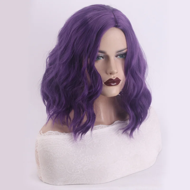 Purple matte high-temperature full-head wig with curly hair, synthetic fiber long wavy style