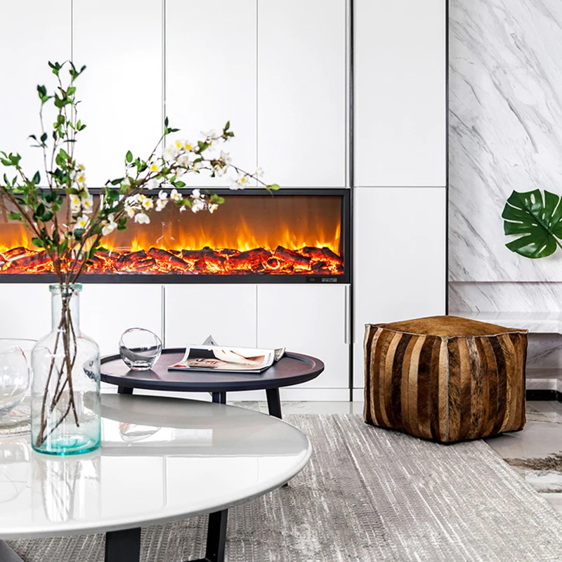 60-Inch Modern 2D Electric Fireplace Heater Color-Changing Flame Remote Control Wall Mounted for Home Commercial Hotels Steel