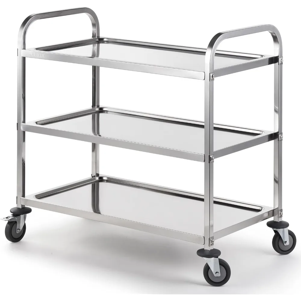 

Stainless Steel Serving Trolley, 38 L x 20 W x 37 H 3 Tiered Shelf Kitchen Utility Cart, Rolling Casters Brake Wheel, Comm