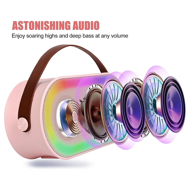 Mini máquina de karaoke, juego de altavoces Bluetooth portátiles con 2 micrófonos inalámbricos con luces LED (rosa) fácil de usar