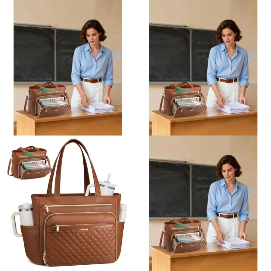 

LOVEVOOK Teacher Tote Bag with Accordion File Pocket, Soft PU Leather Work Briefcase Quilted Laptop Bag with Large Cup Holder
