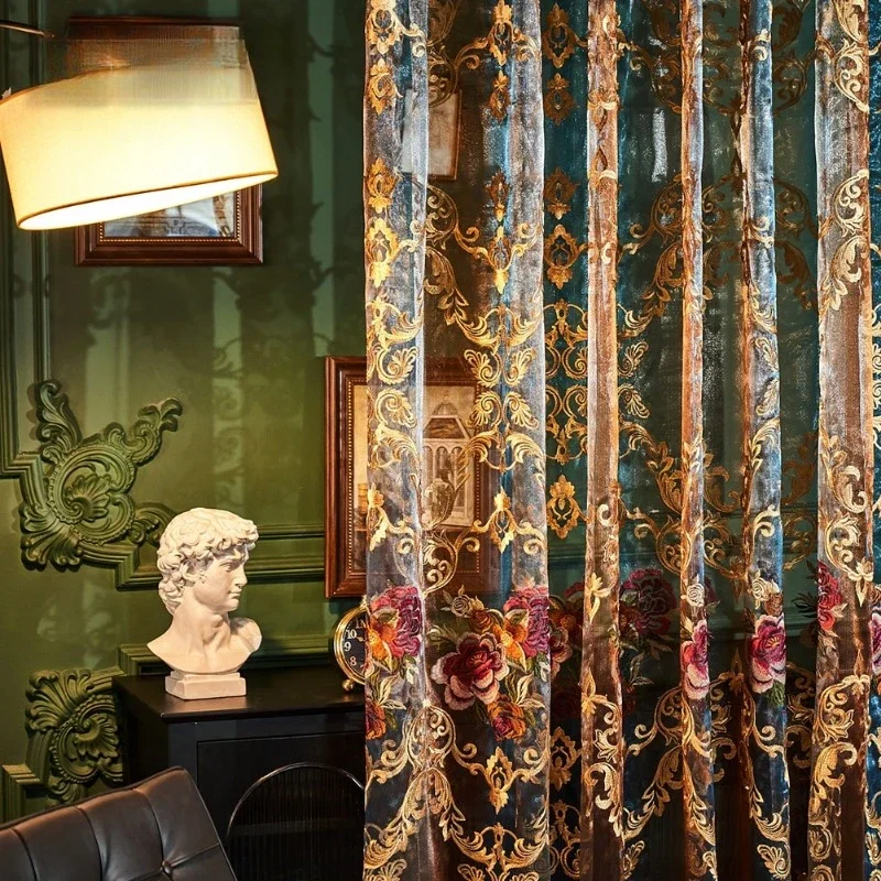 جديد تخصيص الأمريكية الخفيفة الفاخرة الشاش الستائر خمر الجاكار الجوف التطريز شفافة الستائر مع الشاش