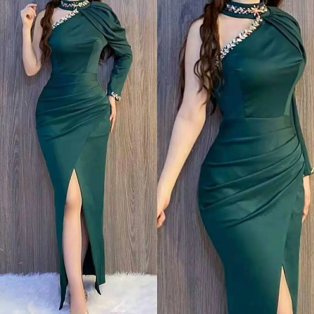 

Green Yellow Long Evening Dresses One Shoulder Mermaid Beaded Silt Robes De Soirée Prom Formal Gowns Women Abendkleider