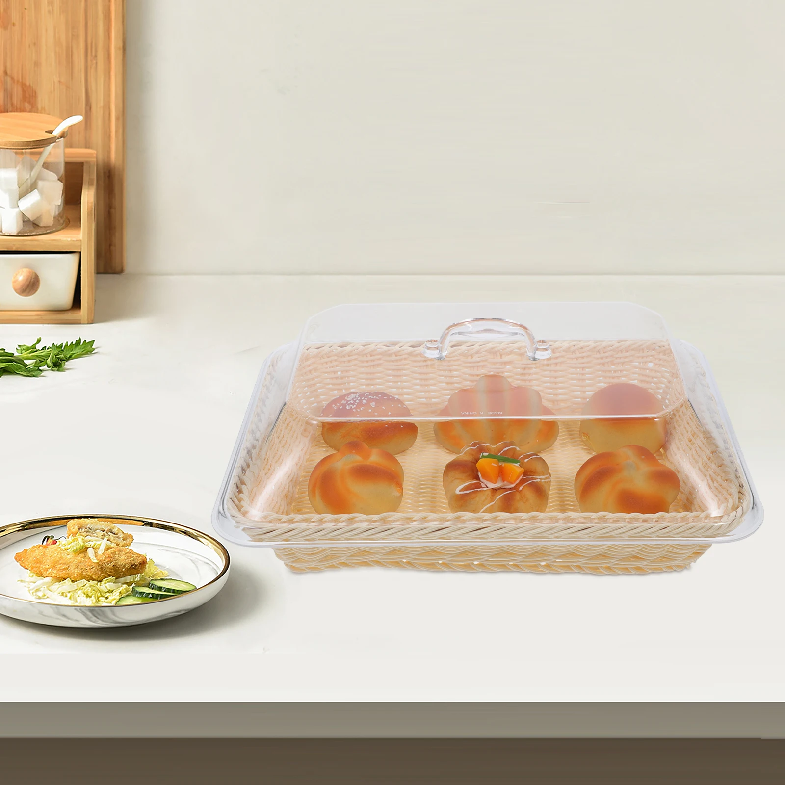 

Plastic Bread Basket Lid Woven Style Fruit Snack Storage Kitchen Counter Home Use Food Cover Anti Insect Large Size Acrylic