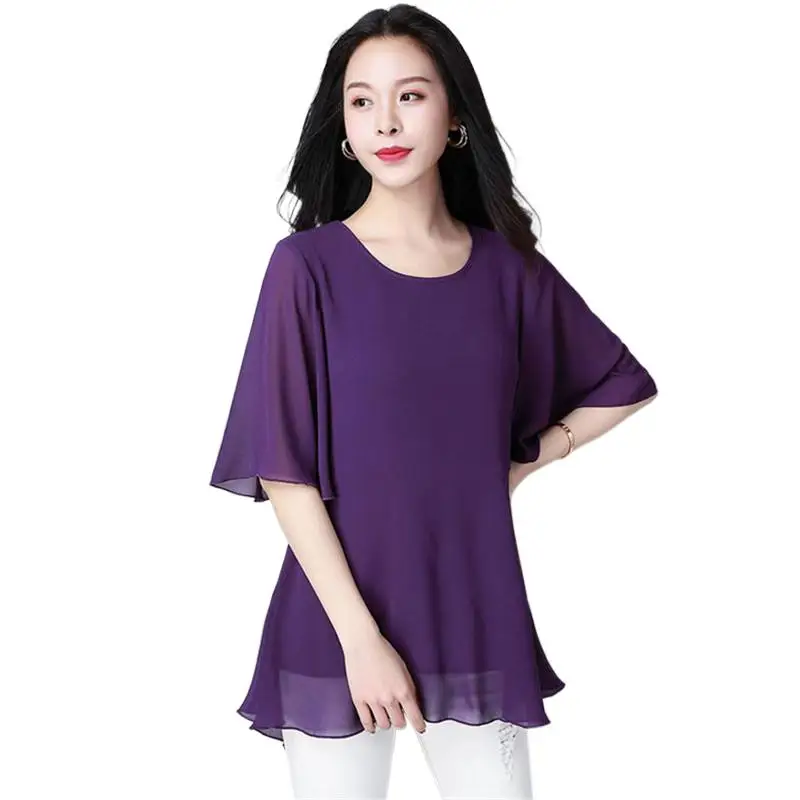 

New Women Chiffon Solid Shirts Vintage Lady Elegant Half Sleeves Shirts Female Summer Tops for Woman Tops blusas elegantes