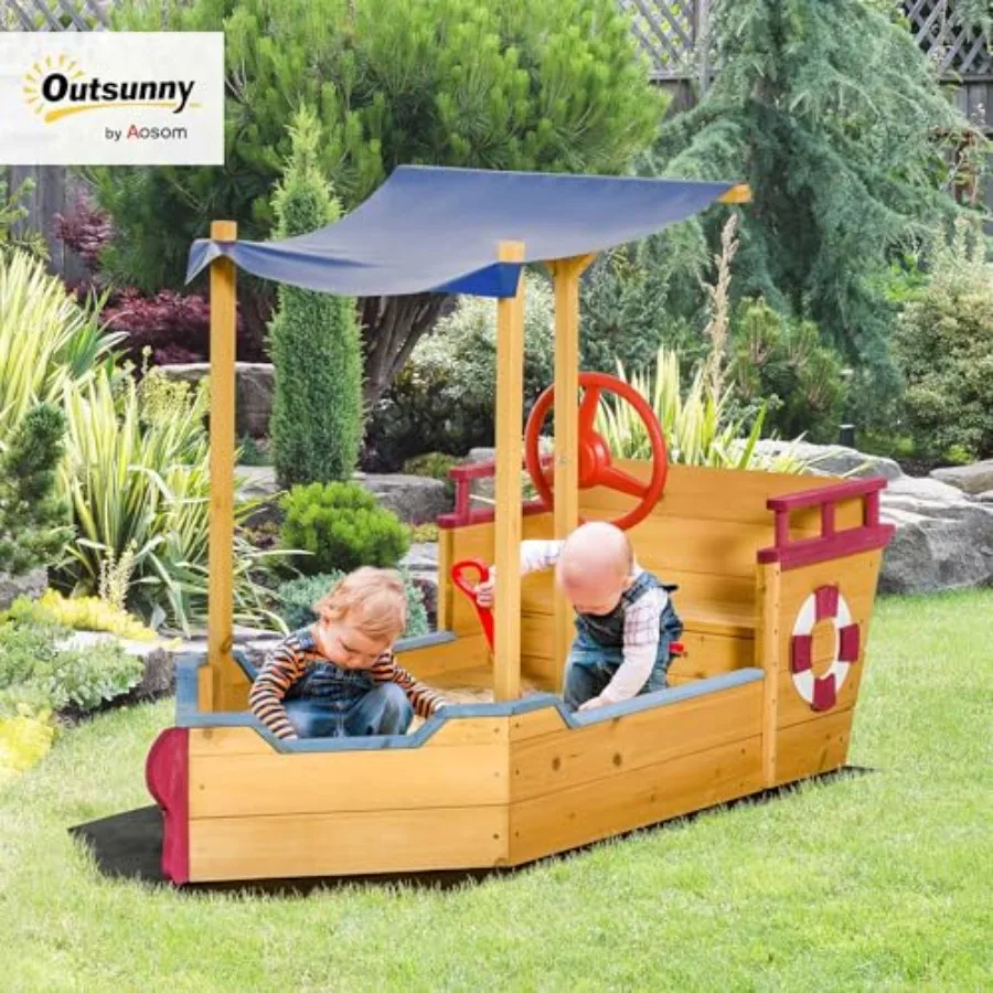Outdoor wooden kids sandbox ship-shape sandboat in orange with canopy, bench seats, storage, and non-woven fabric cloth for bac