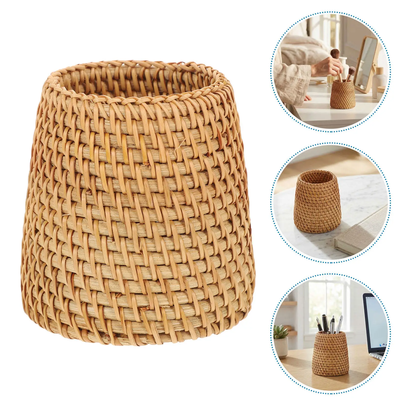 2Pcs Handwoven Rattan Pencil Holder Rustic Desk Organizer Ballpoint Fountain Pen Cup Makeup Brush Holder Woven Vase 4x3.5x3