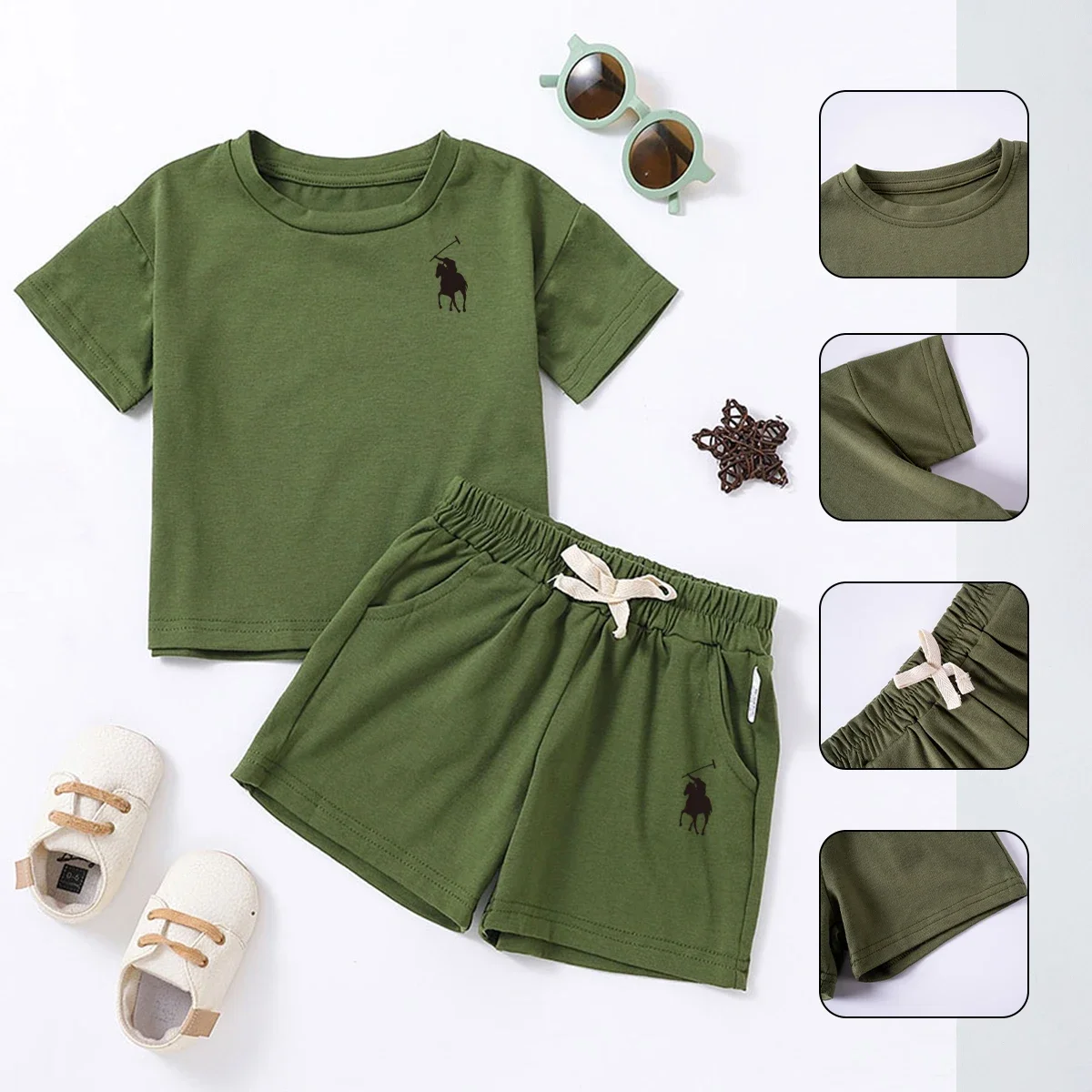 

Summer Girls' Suit Casual Unisex Children's Clothes Printed Cotton Two Piece Round Neck Short Sleeve Top + Pocket Shorts Soft