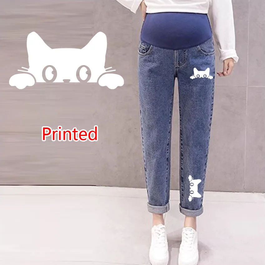 

Джинсы для беременных, весенне-осенние модные джинсовые креативные широкие брюки с кошачьим принтом, регулируемый живот, брюки для беременных женщин