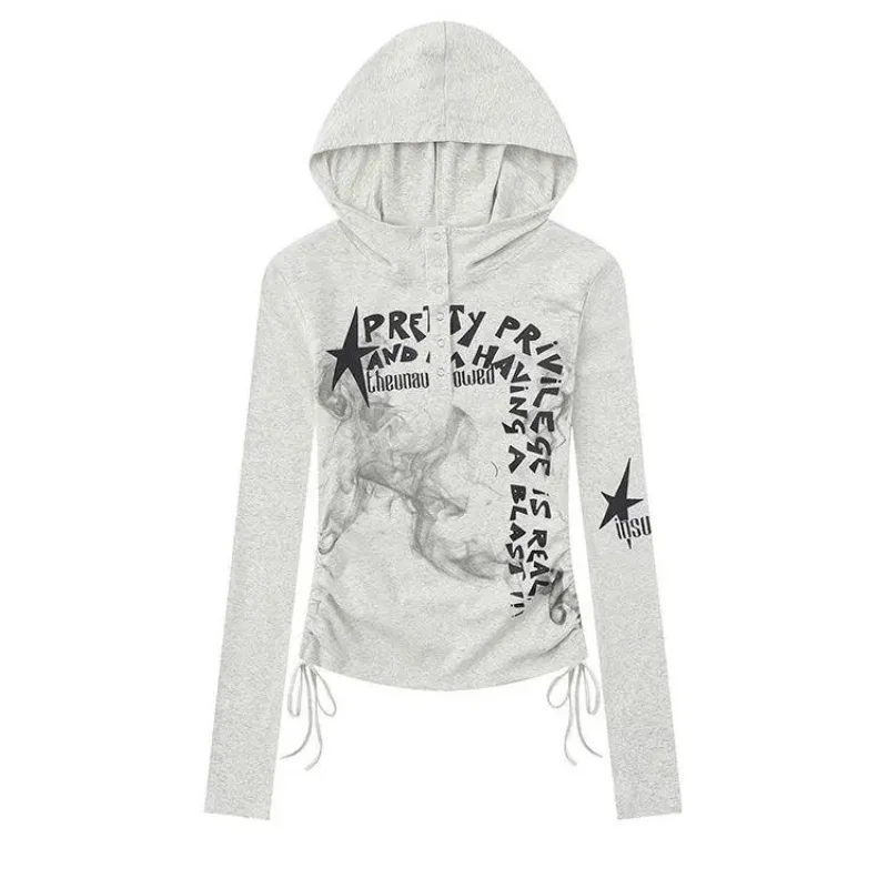 American Retro Graffiti Print Hooded T-shirt Women Bandage Drawstring Slim Fit Tops Autumn Y2k Aesthetic Street Tees