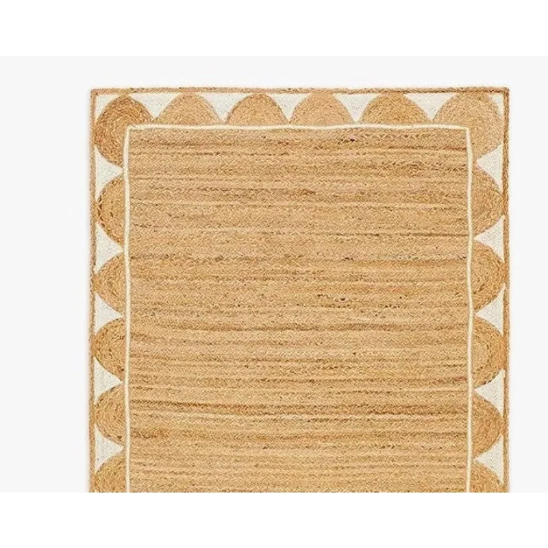 Rug Natural Jute Braided Style Scalloped Rectangle Carpet Modern Area Jute Rugs