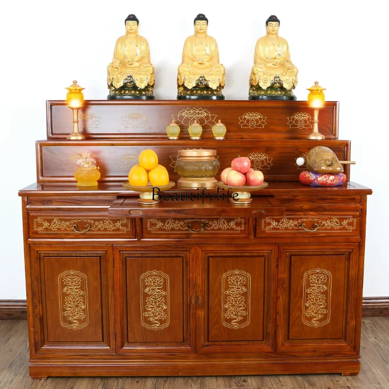 Solid Wood Altar Buddha Shrine Household Tibetan Furniture Buddha Worship Three Layers Buddha Cabinet