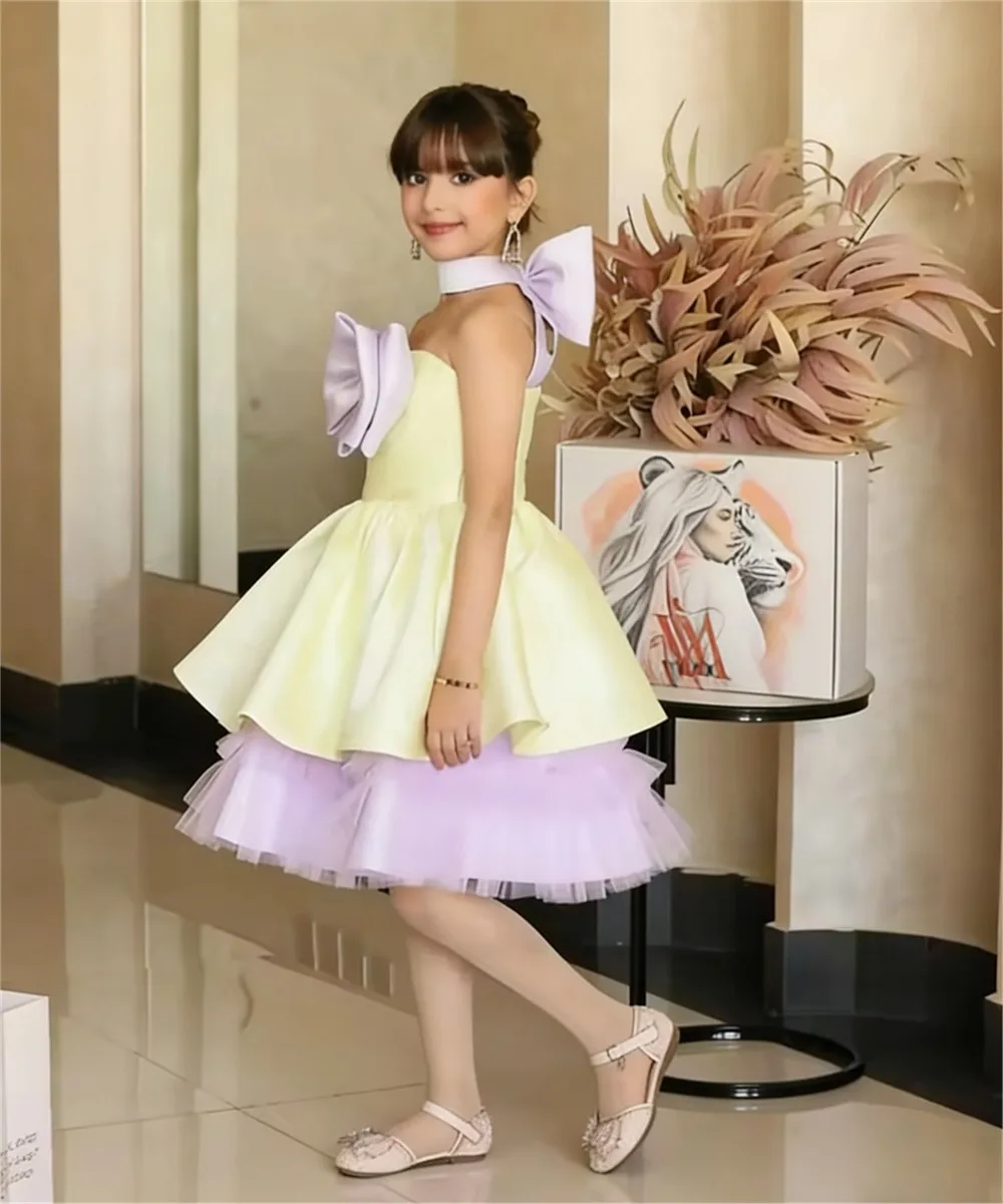 

Индивидуальное милое свадебное платье для девочек с цветочным узором, атласным бантом, без рукавов, многоярусное, для первого причастия и дня рождения