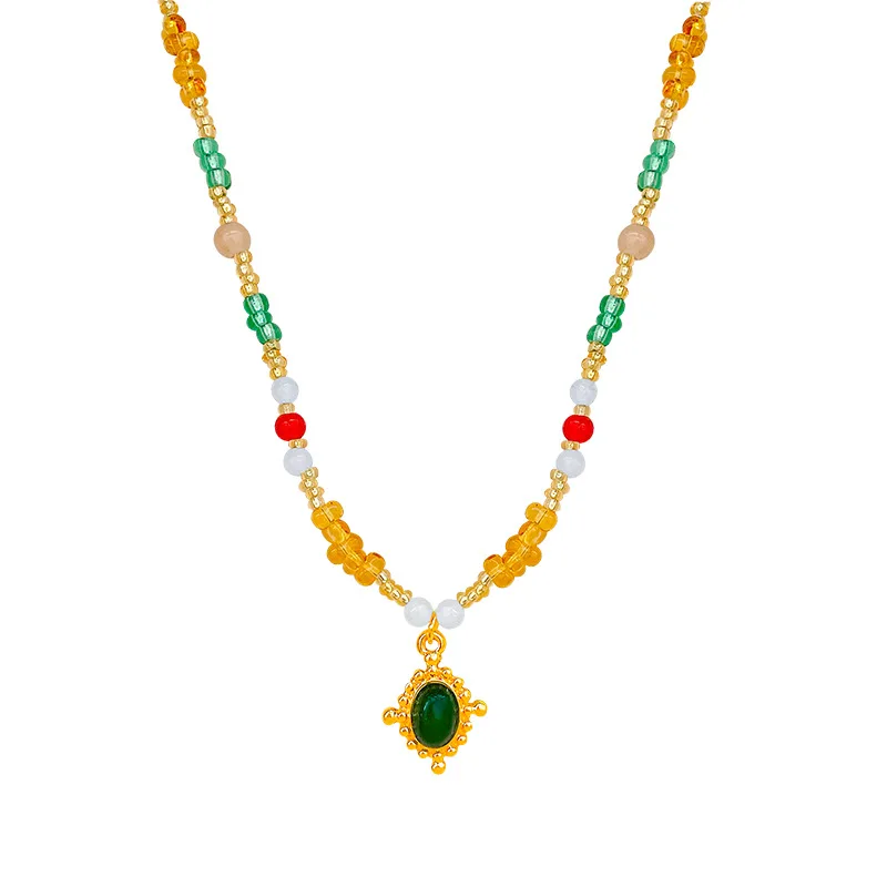Ethnic Style Colorful Imitation Natural Stone Necklace for Women, Retro Niche Simple High-End Clavicle Chain, Internet Celebrity Style Accessory