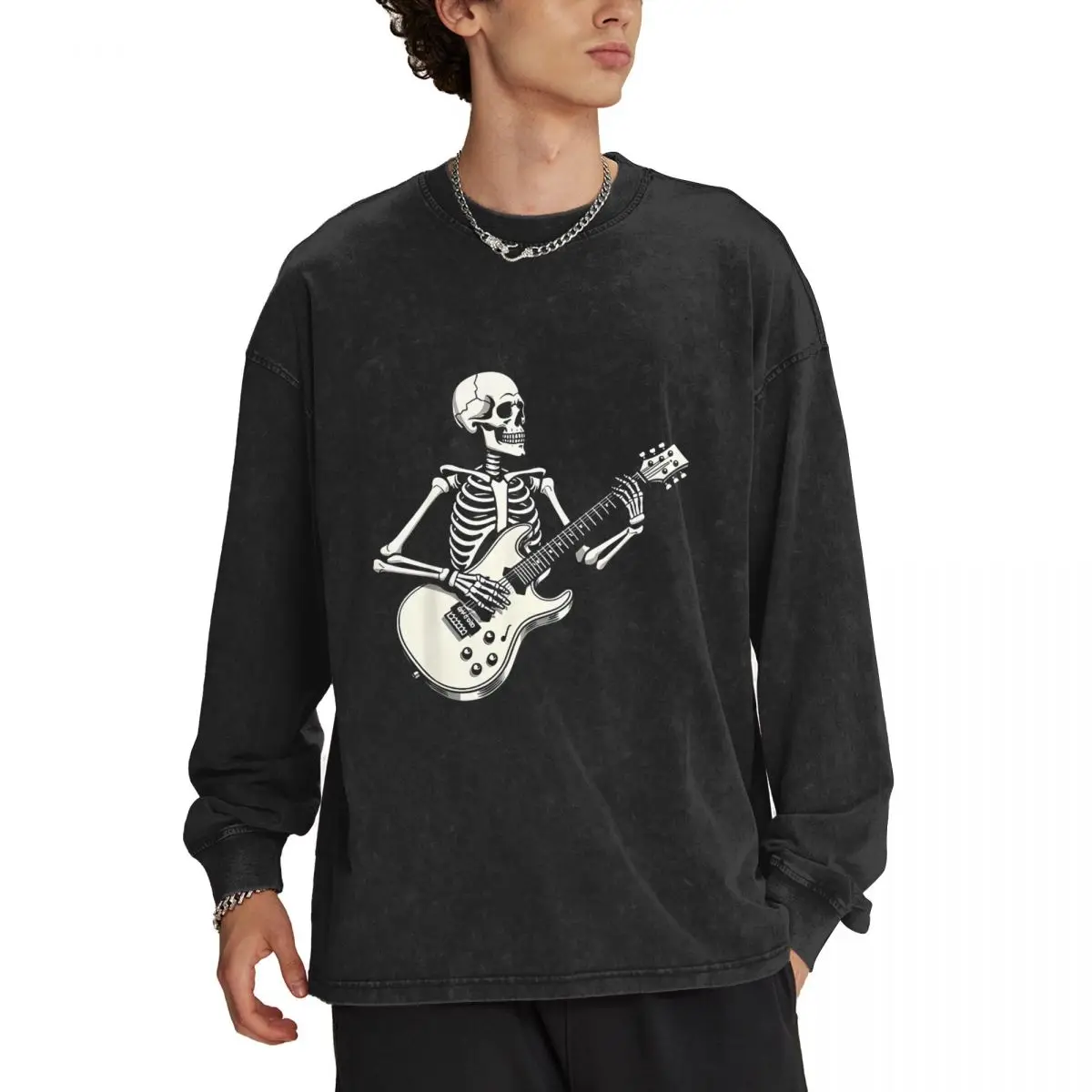 

Guitar Skull Men's Crew Neck Long-Sleeved T-Shirt Retro Washed Cotton Long Sleeve T Shirts Personal Top Clothing for Man Black