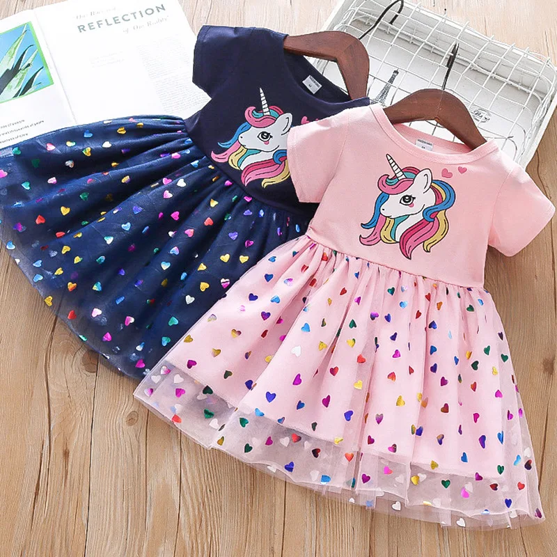 Baby Girl Dress Summer Cotton Cartoon Unicorn Pattern Knitted Short Sleeve Fluffy Children's Dress Cute Casual Baby Clothes