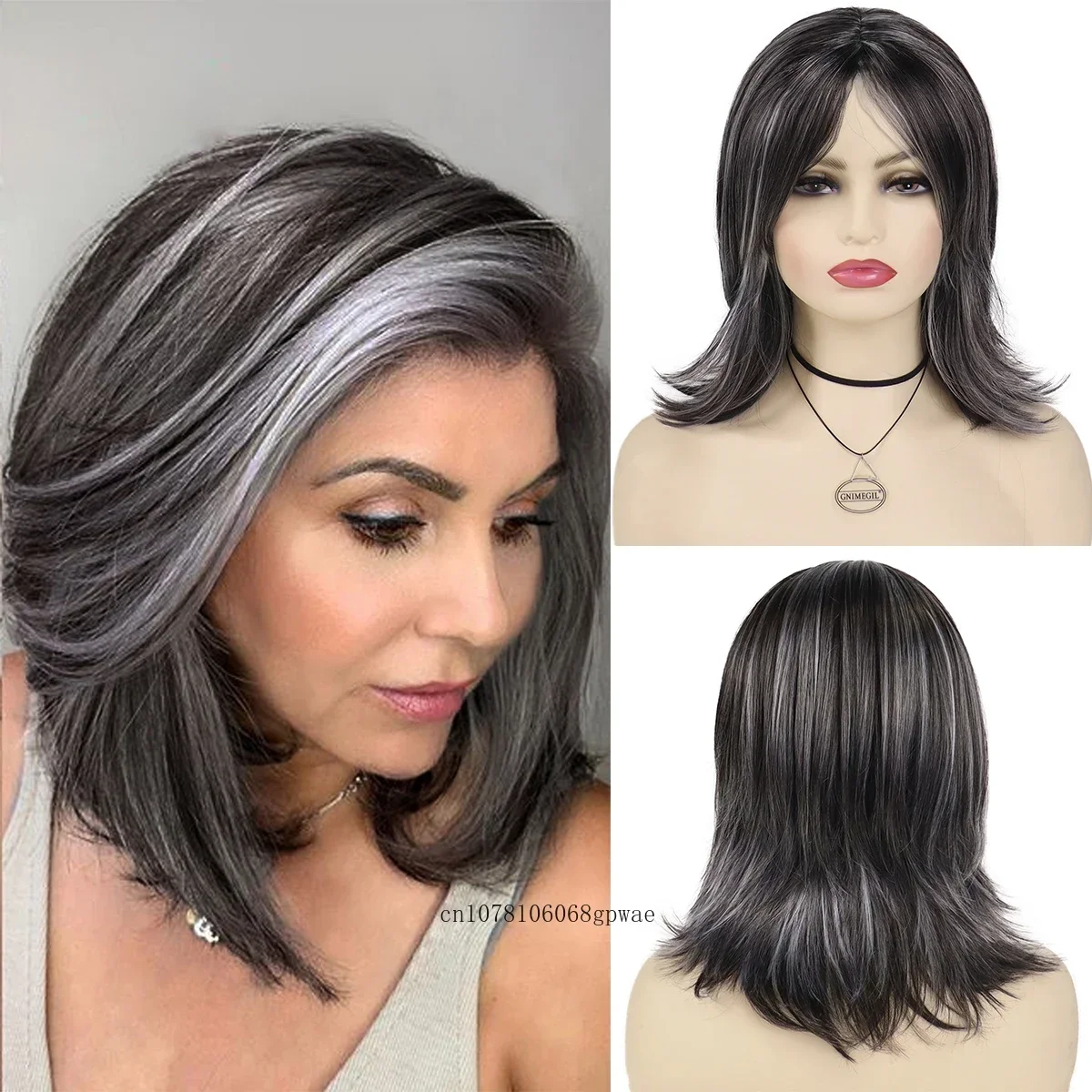 Synthetic Short Wigs for Women Older Woman Wig with Bangs Mix Black Grey Hair Natural Layered Wig Ladies Daily Cosplay Halloween