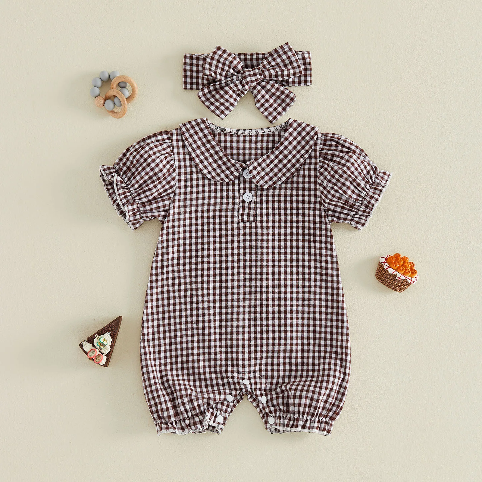 Baby Girl Summer Outfit Plaid Short Sleeve Doll Collar Ruffled Bubble Romper and Headband 2 Piece Set