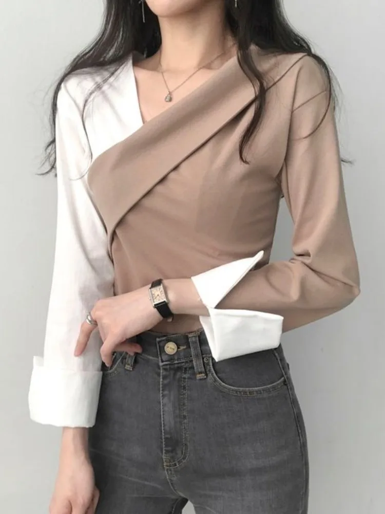 Spring Chic Color Blo Long Sve irt Women's Top Irregular Design Sense Fake Two-Piece Sle Faionable Office Wear