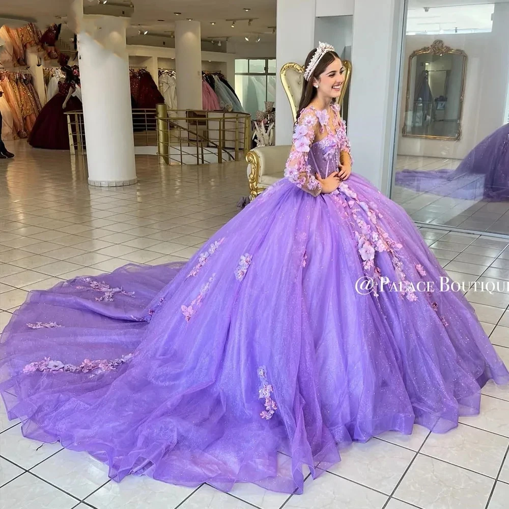 Vestido Lorencia Mexicano Lilás Quinceanera, vestido de baile manga comprida, Applique 3D Flower Beading, Sweet 16, YQD654