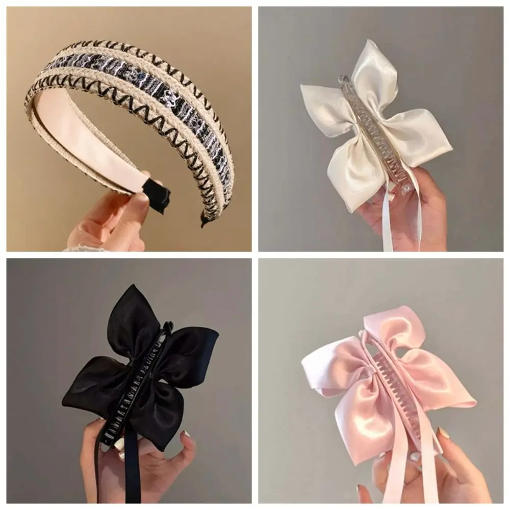 2pcs Ballet Style Ribbon Banana Clip Wide Side Sweet Black Knitted Hair Hoop Soft Polyester Women Woven Headband Ponytail Holder