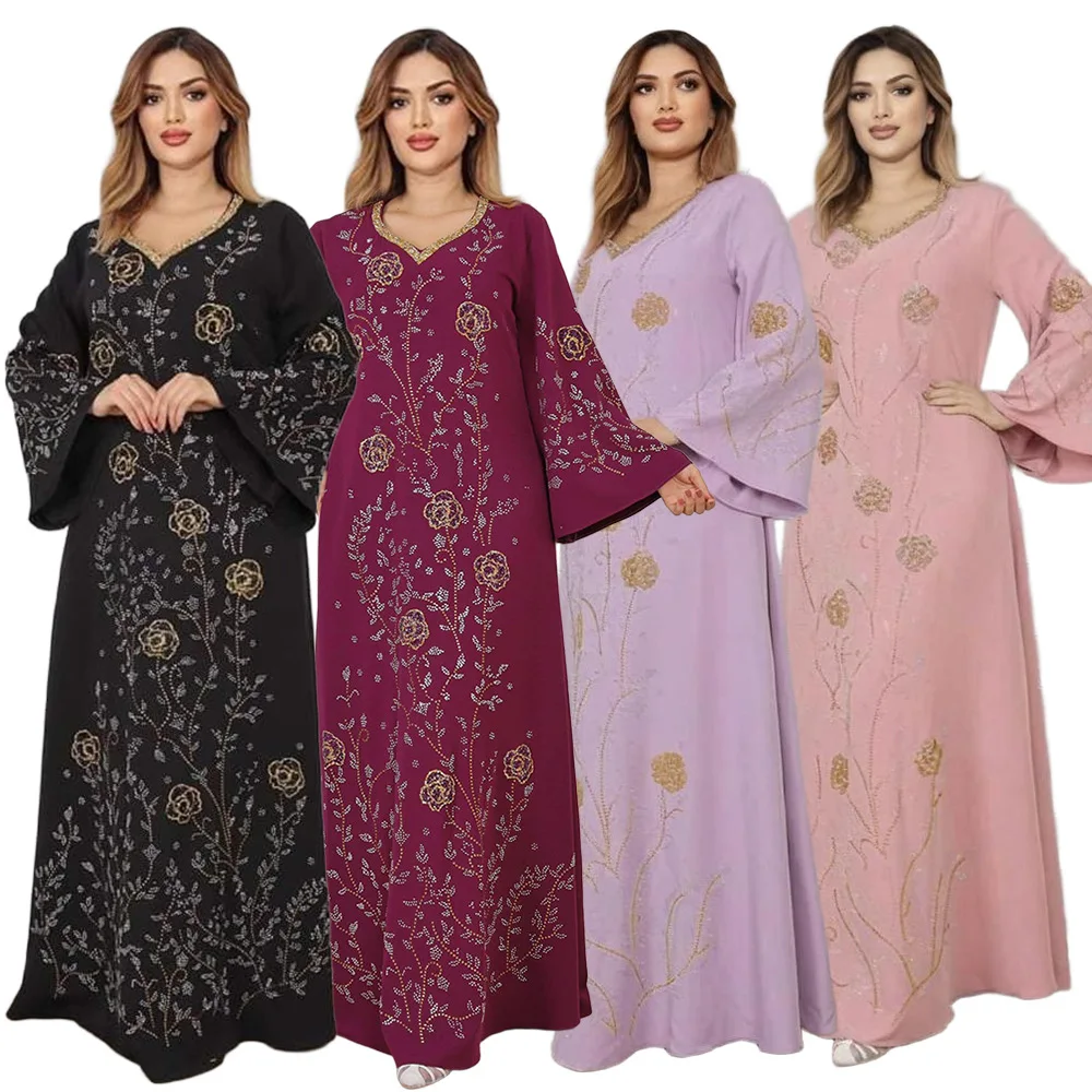 

Muslim Lady Diamond Abaya 2025 Elegant Commuting Long Dress Ramadan Casual Loose Long Sleeved Robe Arab Women V-neck Party Gown