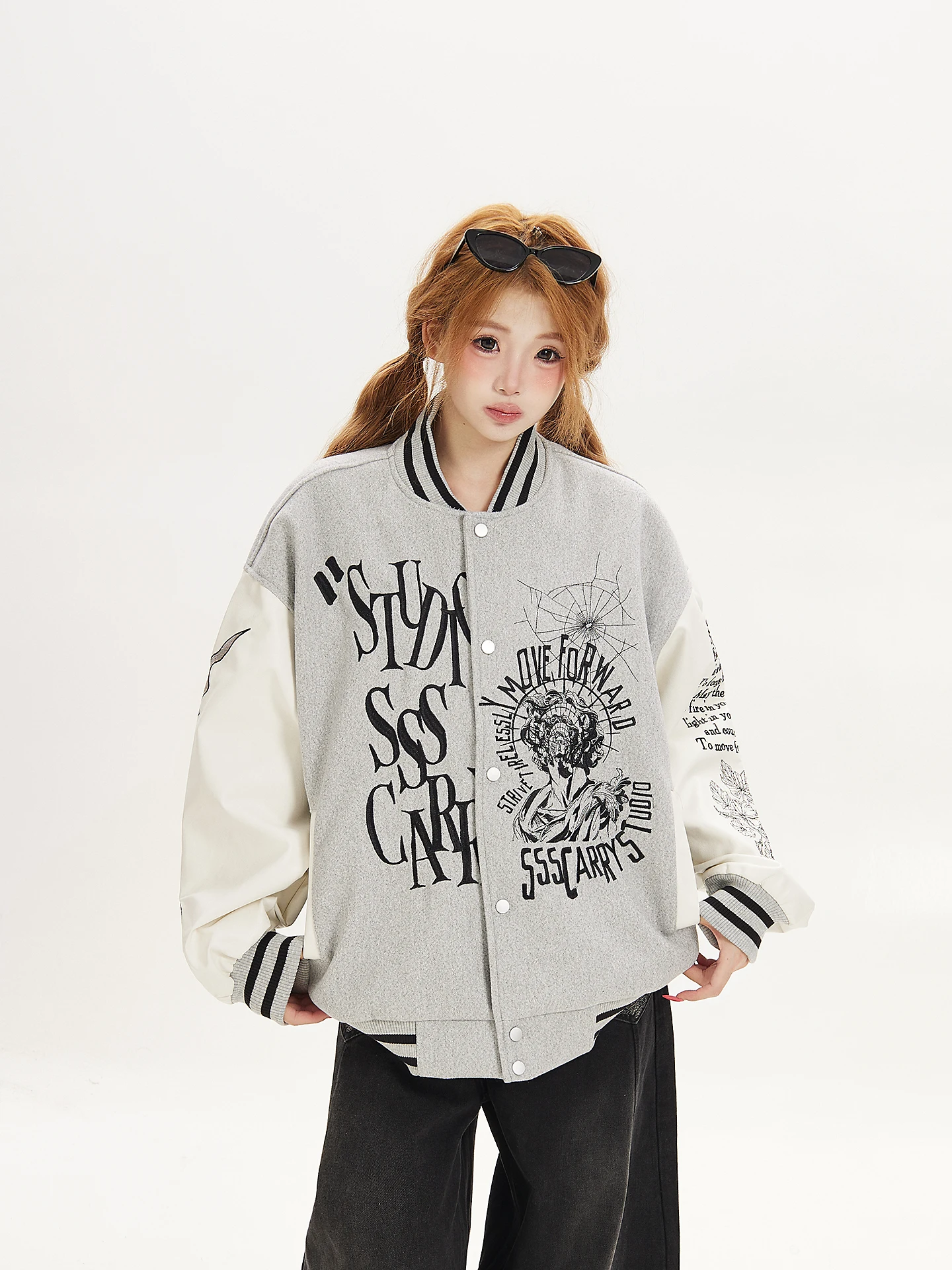 Gradpopu American Style Loose Fit Baseball Jacket Women's Spring Autumn Embroidered Patchwork Coat Trendy Outerwear