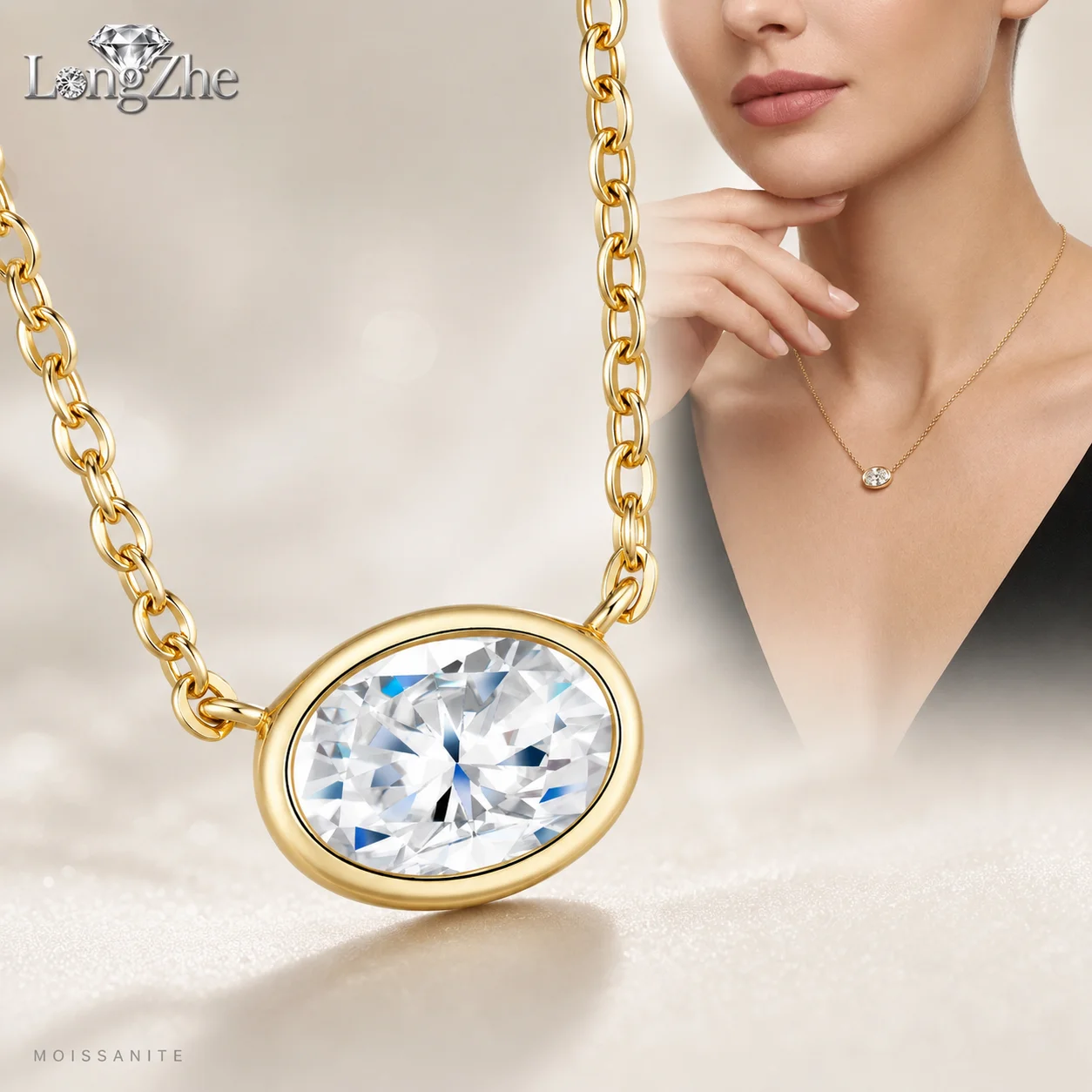 LongZhe Moissanite Pendant Necklace S925 Sterling Silver Gold Color 6x8mm Oval Bezel Pendant 40+5cm Chain Jewelry Gift for Women