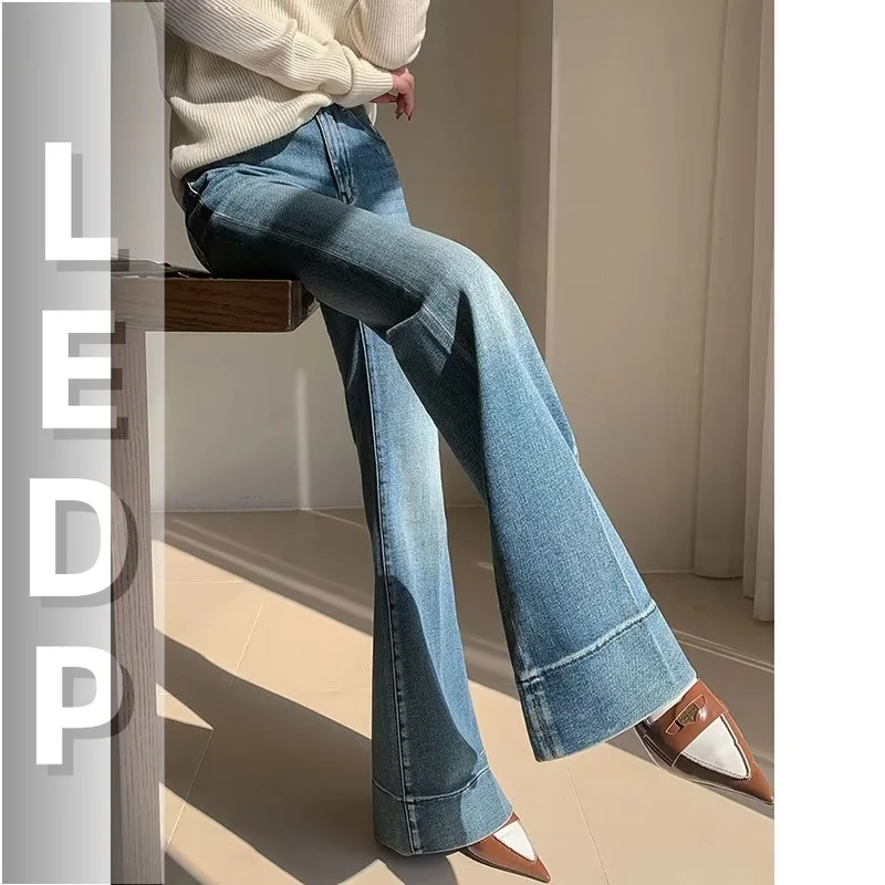 IMU Tall Girl Casual Flare Jeans Plain Whiskers Bootcut Pants High Waist Long Trousers Work Office Korean Women Clothes