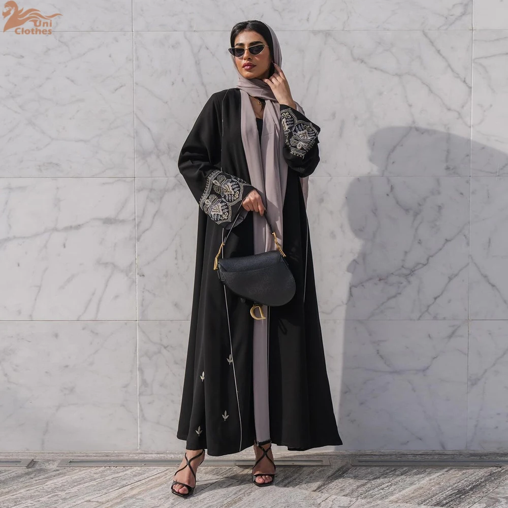 

Ramadan Eid Black Embroidery Open Modest Abaya Dubai 2025 Summer Muslim Kimono Abayas For Women Kaftan Dresses Islamic Clothing