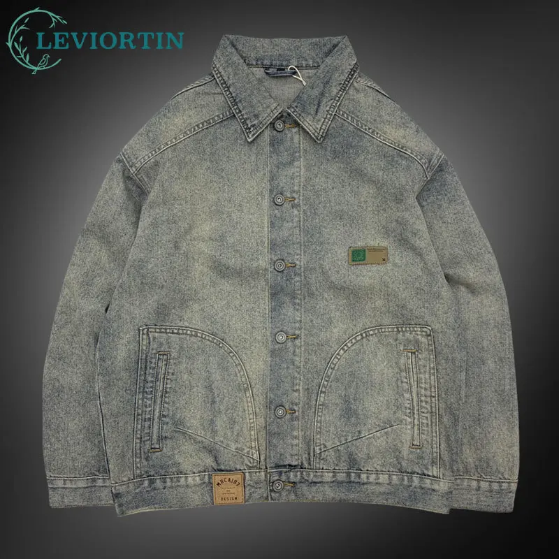 

Уличная одежда, грязно-желтая винтажная джинсовая куртка для мужчин, свободная посадка в стиле хип-хоп, оверсайз, мотоциклетный стиль, ковбойское рабочее джинсовое пальто