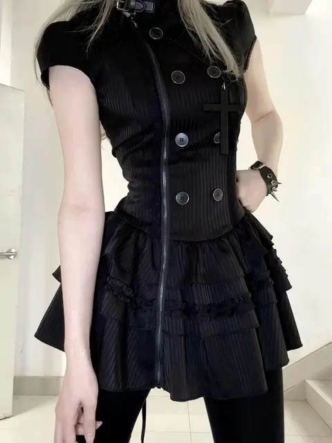 Y2K Aesthetic Harajuku Dress Women Vintage Slim Black Mini Dress Gothic Punk Elegant Fashion Dress Female Daily 3