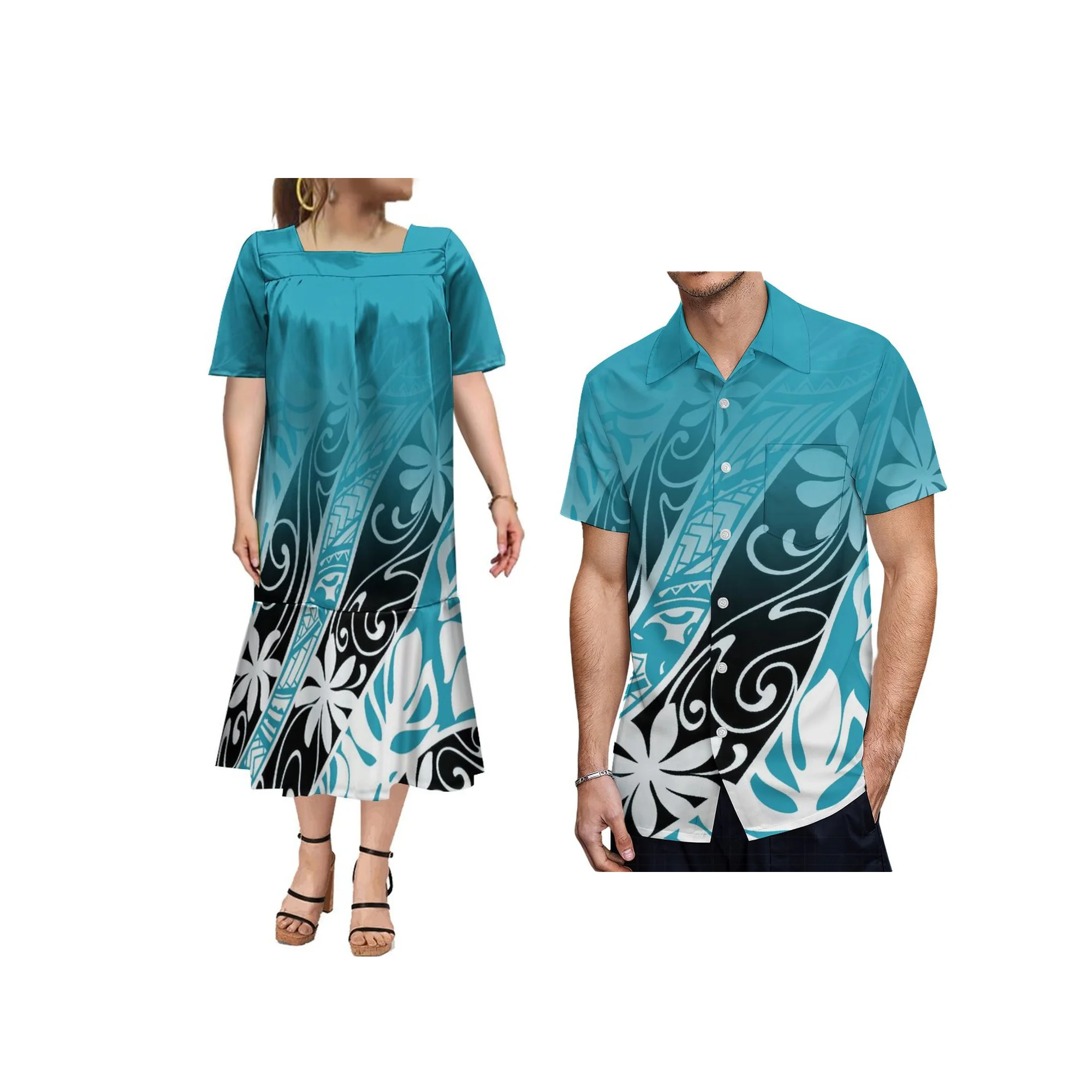 Camisa de ocio de verano, ropa exclusiva para parejas, vestido de mujer, conjunto de pareja, vestido largo polinesio personalizado Mumu