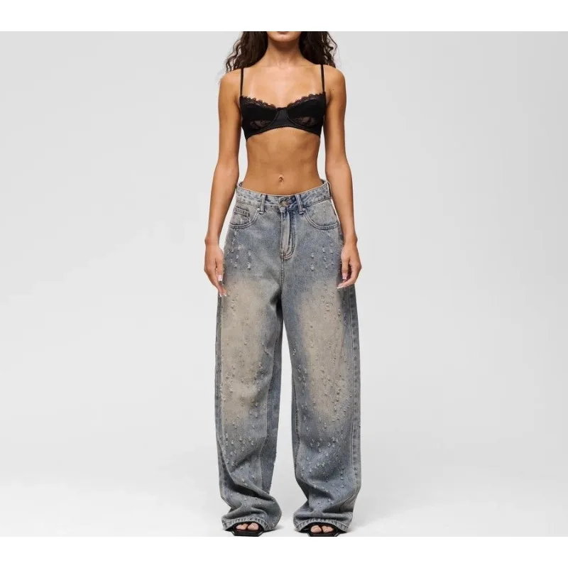 

Vintage Tie Dye Stright Women Washed Frayed Long Denim Pants Solid Washed Retro Casual Loose Hip Hop Trouser Jeans Summer Spring