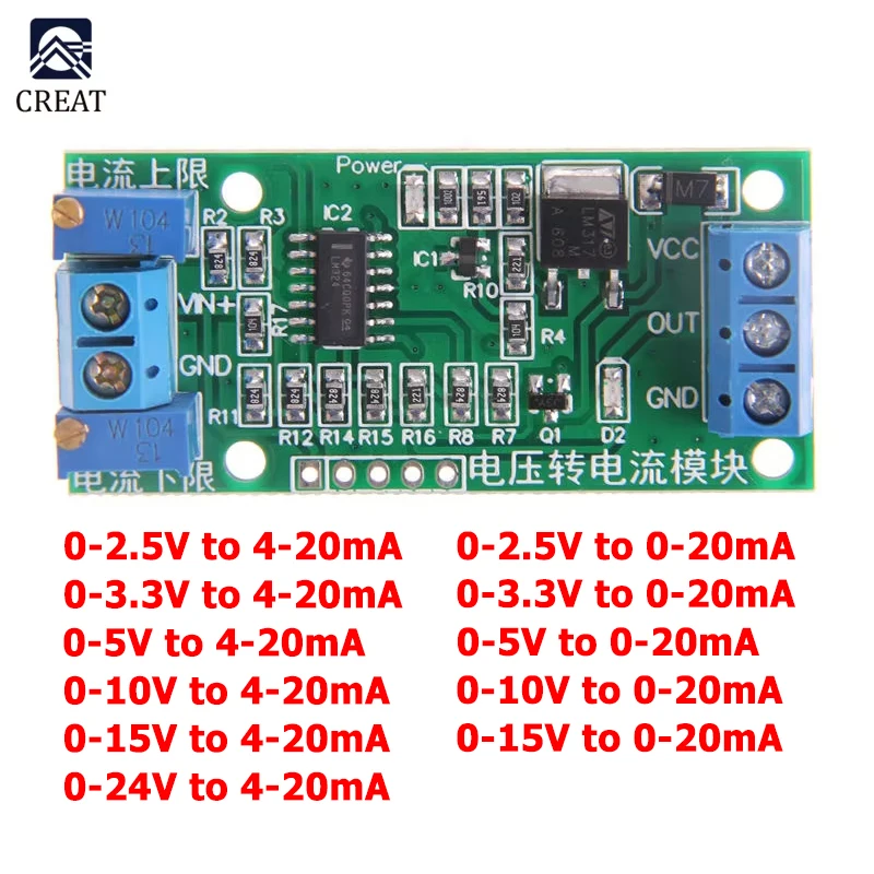 Voltage to Current Module 0-2.5V 0-3.3V 0-5V 0-10V 0-15V 0-24V to 4-20mA Signal Converter Module for Signal Transmission