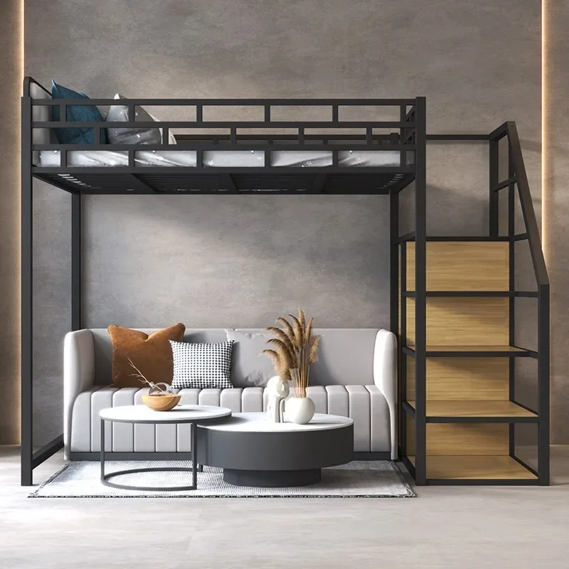 Space-saving attic raised sheet loft bed upper lower table small apartment iron bed frame  duplex second floor for bedroom