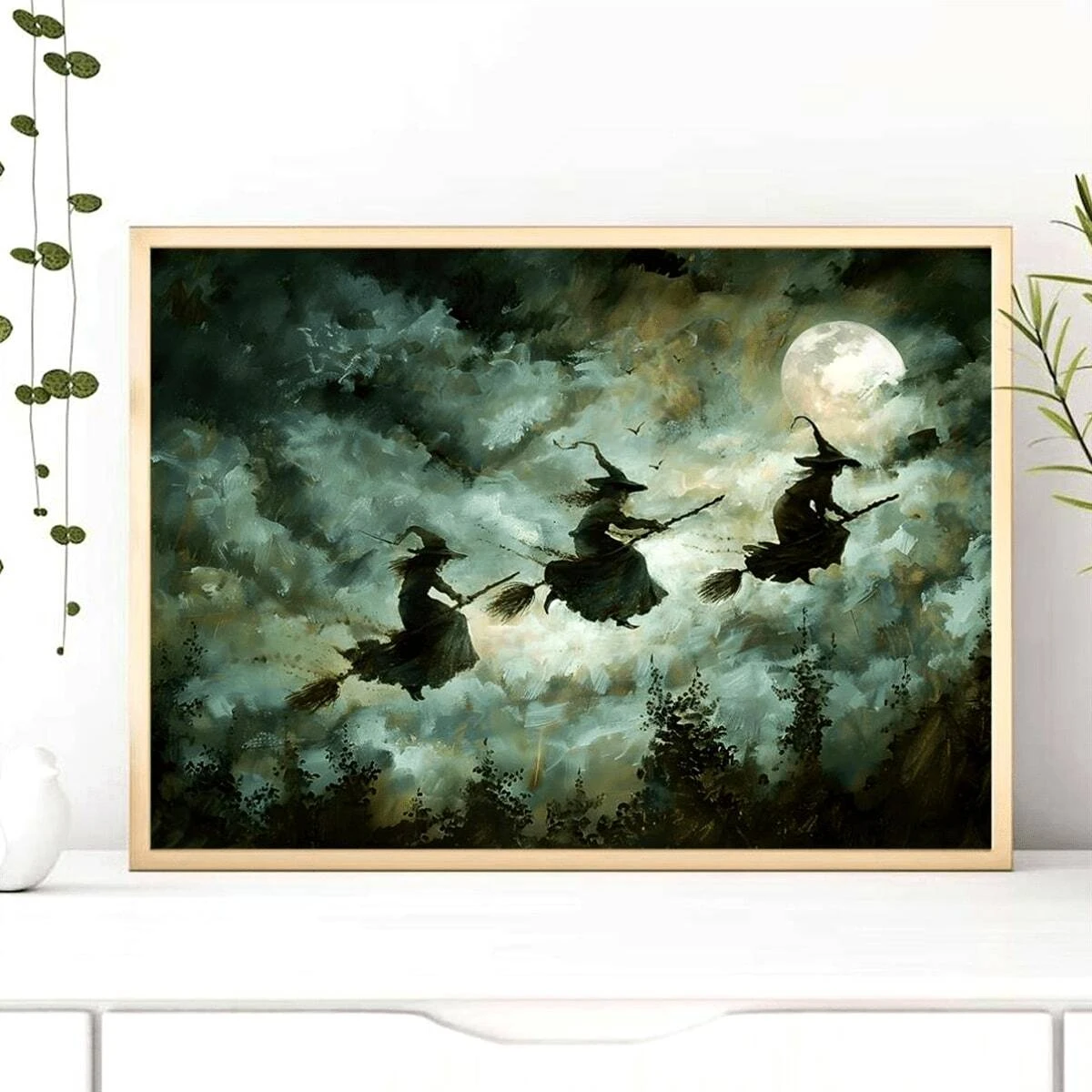 No Framed Canvas Poster: Folk Art Halloween Decoration - Flying Witches Over a Dark Landscape, Nordic Gothic Style, Suitable for