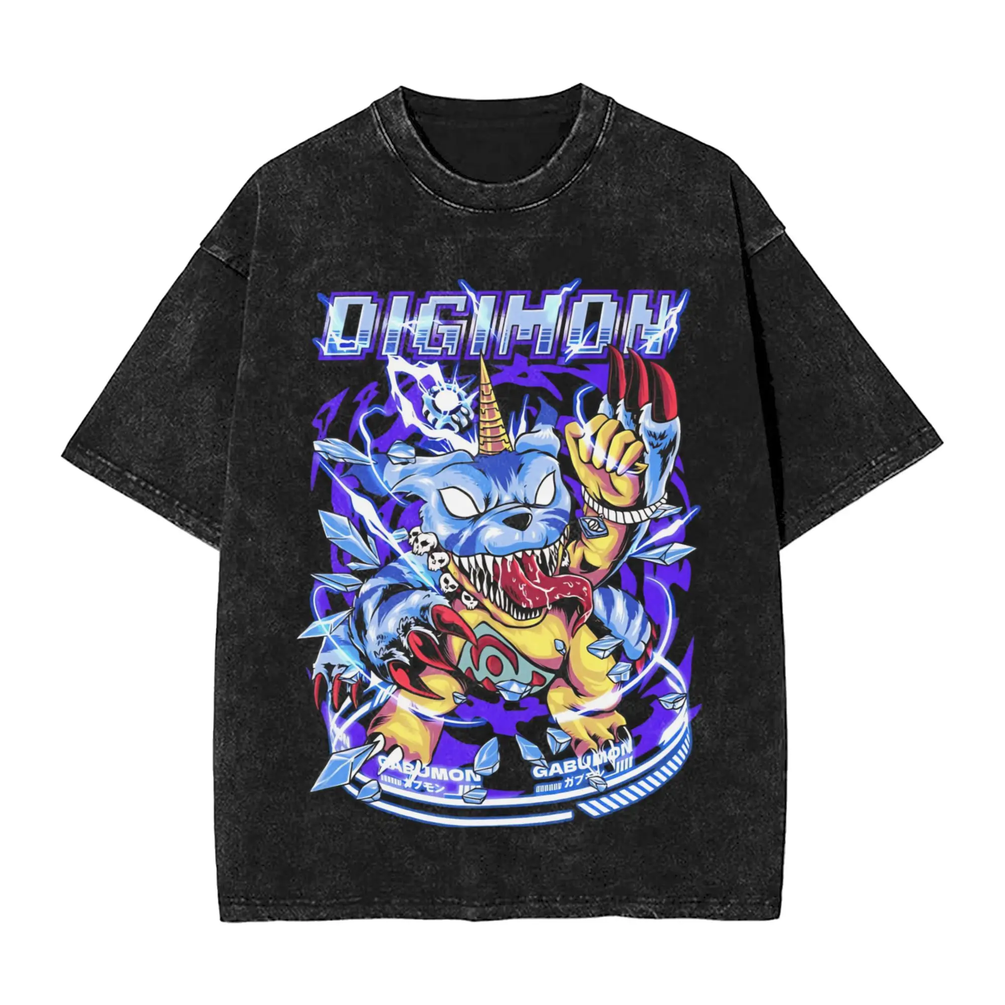 

Digimon Adventure MetalGarurumon Digital Monsters 1999 Varsity Style Vintage Washed Anime Print T Shirt Men 2026 Summe