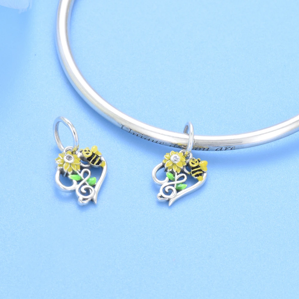 PANQDIY Fashion Enamel Honeybee Sunflower Bracelet Charms 925 Sterling Silver Pendant For Necklace Jewelry Making KF136