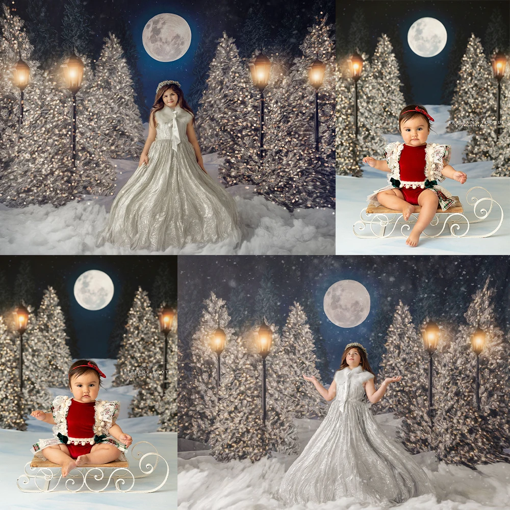 

Snowy Forest Xmas Backdrops Kids Adult Photography Backdrops Child Baby Big Moon Christmas Snowflake Trees Background