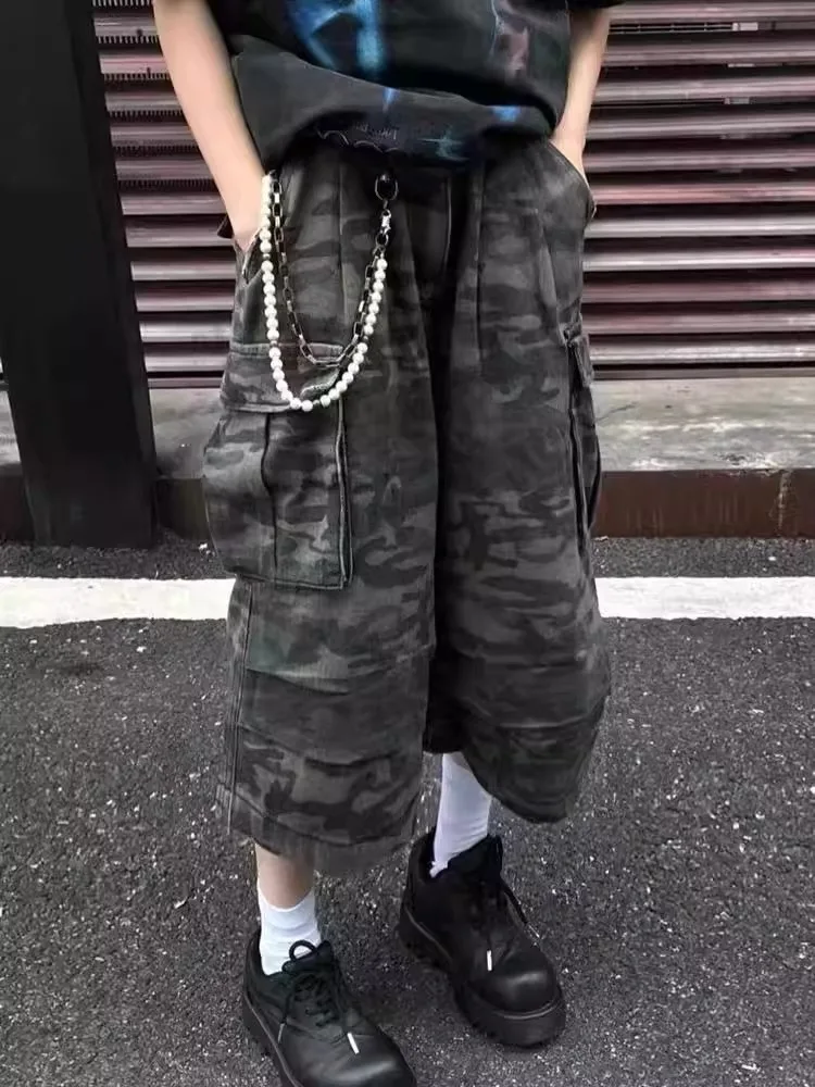 

American Retro Street Style High Waist Camouflage Jeans Women's Summer Loose Slimming Versatile Workwear Pants Casual Wide Leg