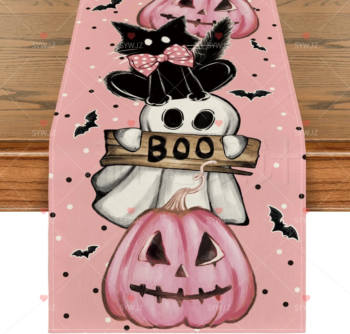 Pink Polka Dot Ghost Pumpkin Halloween Decoration Table Runner Bat Autumn Kitchen Table Decoration for Home Party Decoration