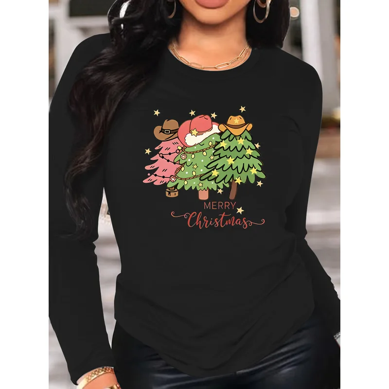 Women's Long Sleeve T-Shirt Cowboy Hat Christmas Trees Western Merry Christmas Graphic Crew Neck Slim Fit Fall Tops